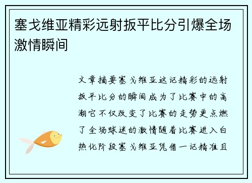 塞戈维亚精彩远射扳平比分引爆全场激情瞬间