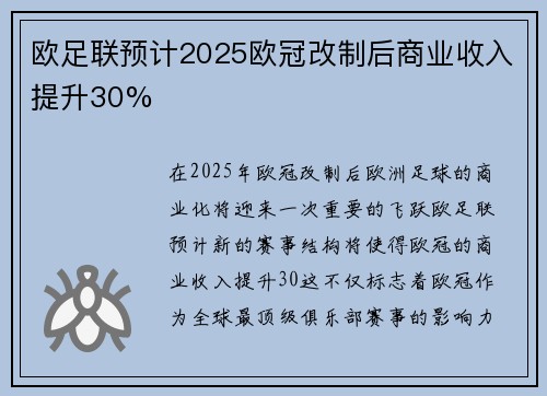 欧足联预计2025欧冠改制后商业收入提升30% 欧足联预计2025欧冠改制后商业收入提升30%